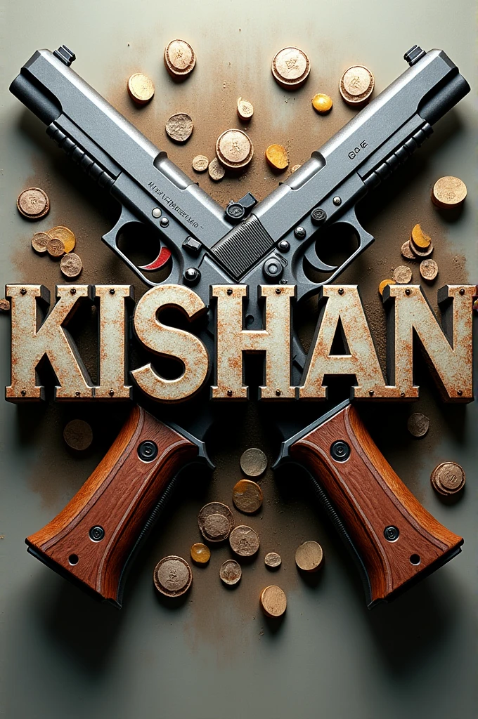 The 3D image centers around the name "KISHAN," crafted in bold, dynamic letters that command attention. The design integrates elements of guns and money, giving it a strong, assertive theme.
**Design Details:**
1. **Text:**
- **Font:** The name "KISHAN" is rendered in a powerful, metallic font that exudes strength. The letters are slightly