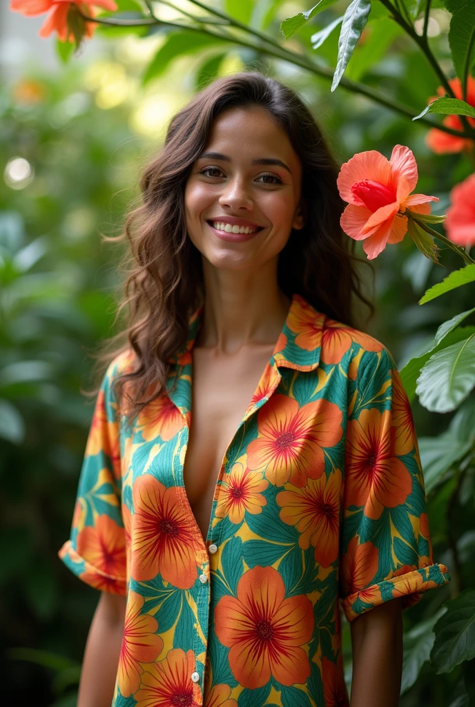 A Brazilian woman in a lush tropical garden, wearing an open shirt with a floral print, with a close-up capturing the harmonious beauty between her breasts and the natural flowers, showing off your natural charm and outgoing personality.