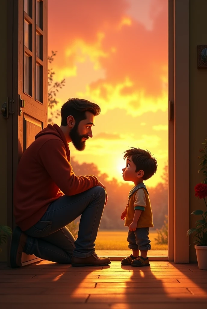 A sad poor boy talking to a man at the door of the man's home, pixar style, cinematic, masterpiece, high-aesthetic, realistic