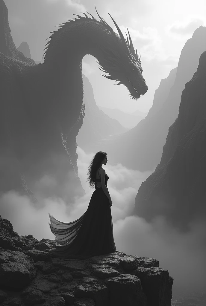 offering her life to the dragon　Black and White　Woman turning back　On top of the mountain　mysterious