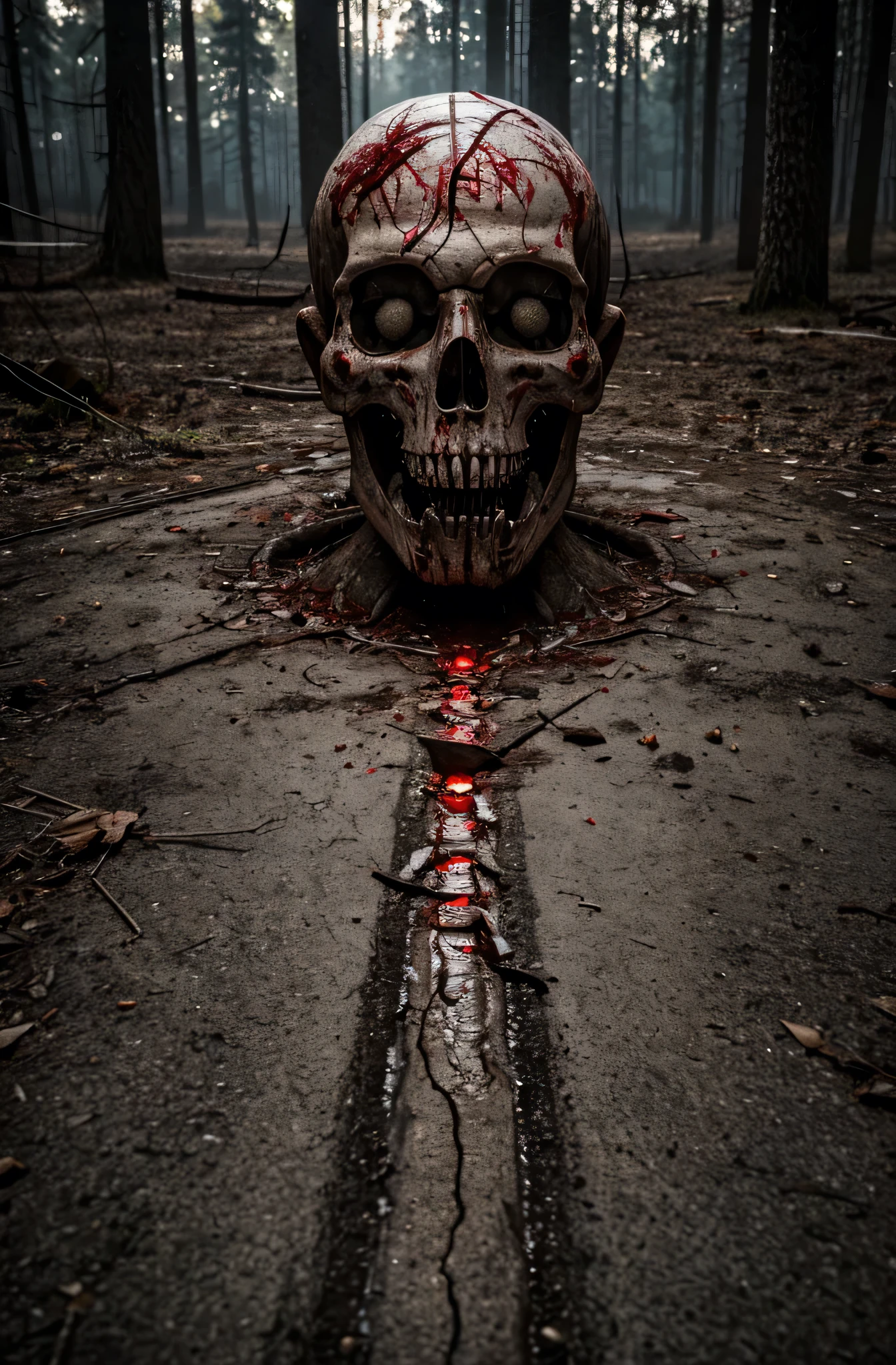 ((best qualityer)), ((work of art)), (highy detailed), disgusting person of body horror, brain explosion in a nuclear blast, brain is gray, male eyes sparkle, Guts on the ground, Blood is everywhere, at the forest, full body shot shot, beautifully intricately detailed, DOF, realistic light, realistic shadow,