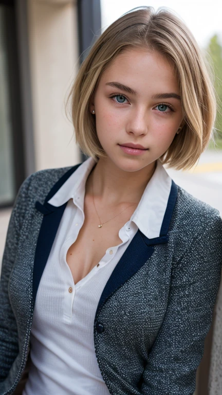 ((Ultra Detail)), Beautiful Art, 18 yo blonde girl . Full lips. Eyes wide. ((Very short hair)), uhd, high details, best quality,, school blazer, private school girl, unbuttoned