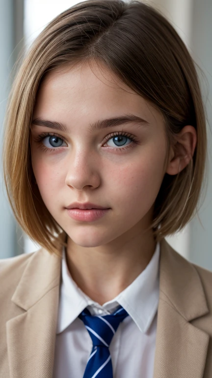 ((Ultra Detail)), Beautiful Art, 18 yo blonde girl . Full lips. Eyes wide. ((Very short hair)), uhd, high details, best quality,, school blazer, private school girl, unbuttoned