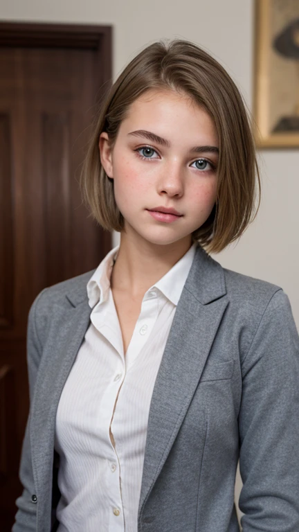 ((Ultra Detail)), Beautiful Art, 18 yo blonde girl . Full lips. Eyes wide. ((Very short hair)), uhd, high details, best quality,, school blazer, private school girl, unbuttoned