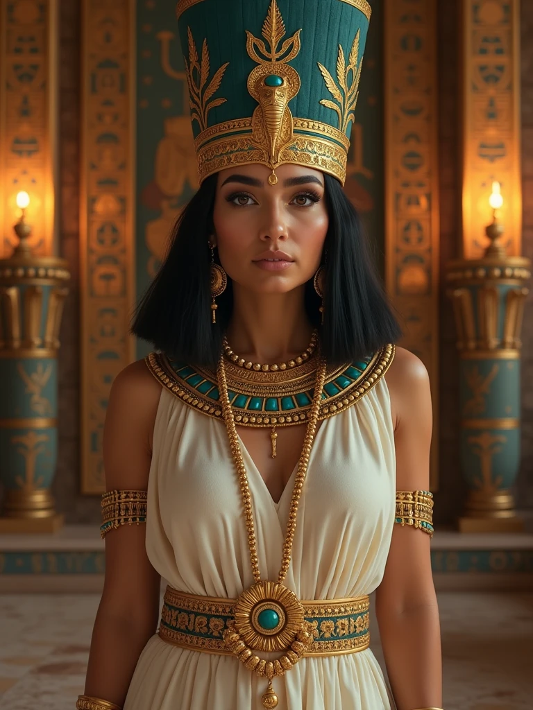 A highly realistic portrait of Cleopatra, the last queen of Egypt, depicted in a regal and elegant setting. She is wearing a gold and turquoise headdress adorned with a cobra, symbolizing her royalty and power. Her dark hair is styled in a sleek, shoulder-length bob, and she has striking, kohl-lined eyes with a confident gaze. Cleopatra is dressed in a luxurious white linen gown with intricate gold jewelry, including bracelets, necklaces, and earrings. The background shows an opulent throne room with ornate Egyptian columns, hieroglyphics, and rich tapestries, with the warm glow of torches lighting the scene