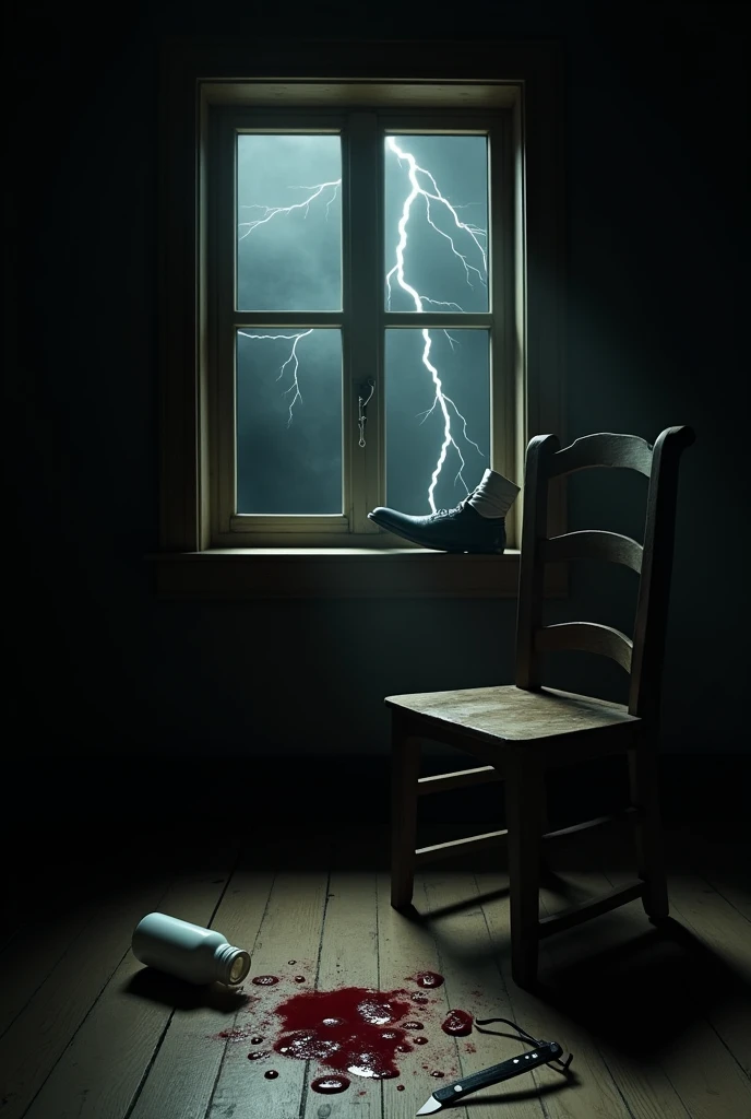 bem, In this activity I need to represent a supposed suicide, so here are the things i need in the picture:

A completely dark room;
A single light coming from the window with square glass(4 window divisions), through the window you can see the reflection of lightning (what was the reason for the lighting);
An old fallen wooden chair;
A white medicine bottle fell to the floor next to the chair.;
A few drops of blood dripped near the aspirins; 
A bloody blade near the drops of blood;
A dropped pair of glasses with one of the lenses cracked;
And finally a glimpse of a human foot, with a dress shoe and a leg in a tailored trouser (I want one of the legs to appear in a glimpse, standing alone), he will hang by the neck Do exactly EVERYTHING that is described Remembering that it is a simulation 