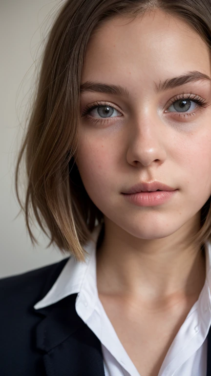 ((Ultra Detail)), Beautiful Art, 18 yo blonde teen girl . Full lips. Eyes wide.  ((Very short hair)), uhd, high details, best quality,, school blazer, private school girl, unbuttoned