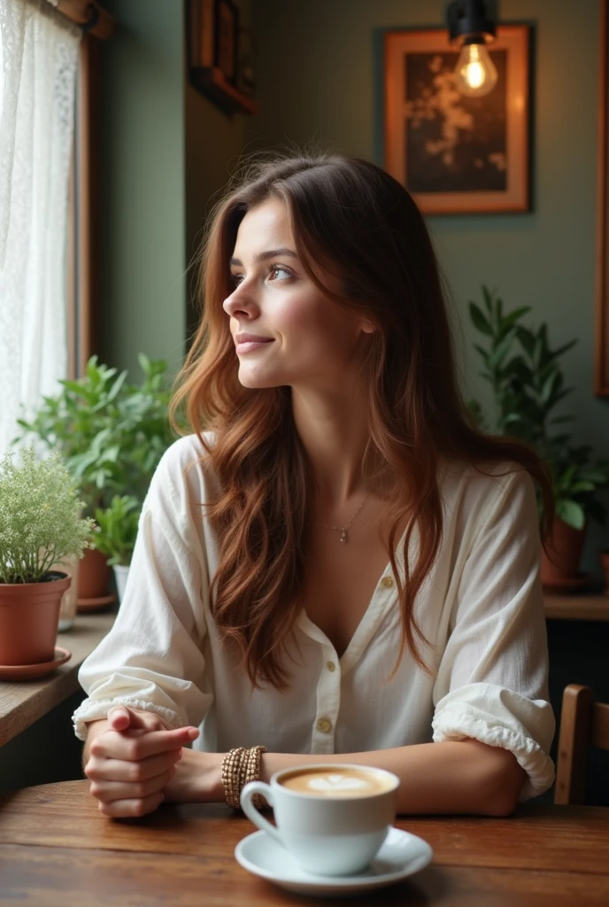 Image of a woman sitting at a table drinking coffee 