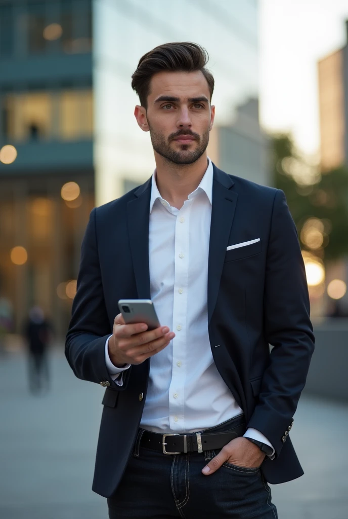 white male, age 26, with straight, brown hair in a quiff, casual formal clothing and cell phone in hand, com olhos escuros