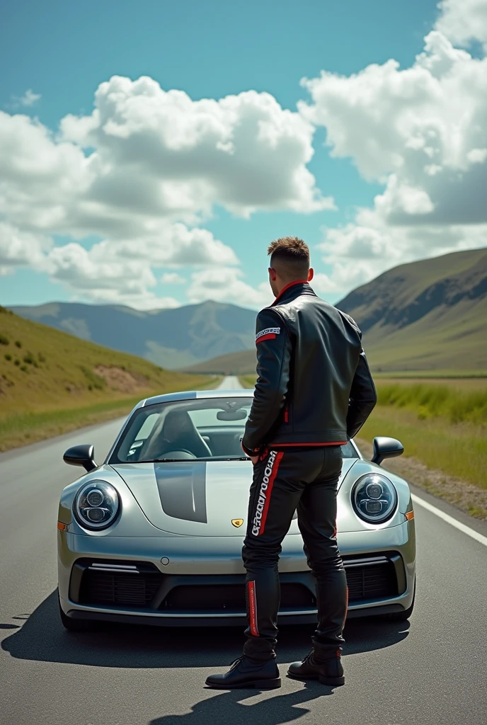 You stand before a German car, which symbolizes Germany with pride and you are wearing a leather jacket or a racing suit.