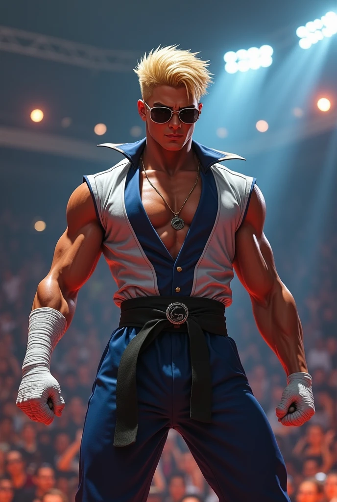 johnny cage mortal kombat is young, wear white bandages on both hands, She has blonde hair, He's muscular, sunglasses, black belt, navy blue pants and a navy blue jacket, sem pelos faciais