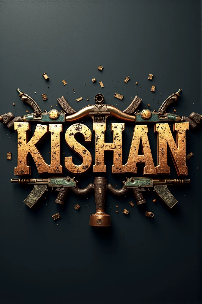 The 3D image centers around the name "KISHAN," crafted in bold, dynamic letters that command attention. The design integrates elements of guns and money, giving it a strong, assertive theme.
**Design Details:**
1. **Text:**
- **Font:** The name "KISHAN" is rendered in a powerful, metallic font that exudes strength. The letters are slightly