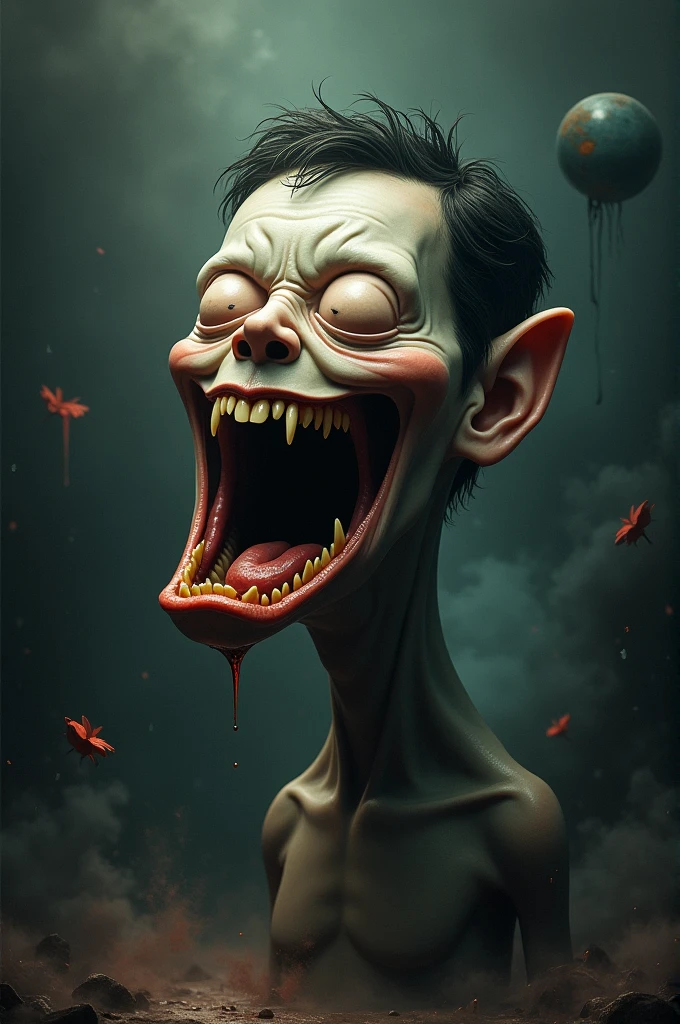 square scary, long teeth
laughing but with teeth together, has
hair but it's very short, without an ear, sin
nose