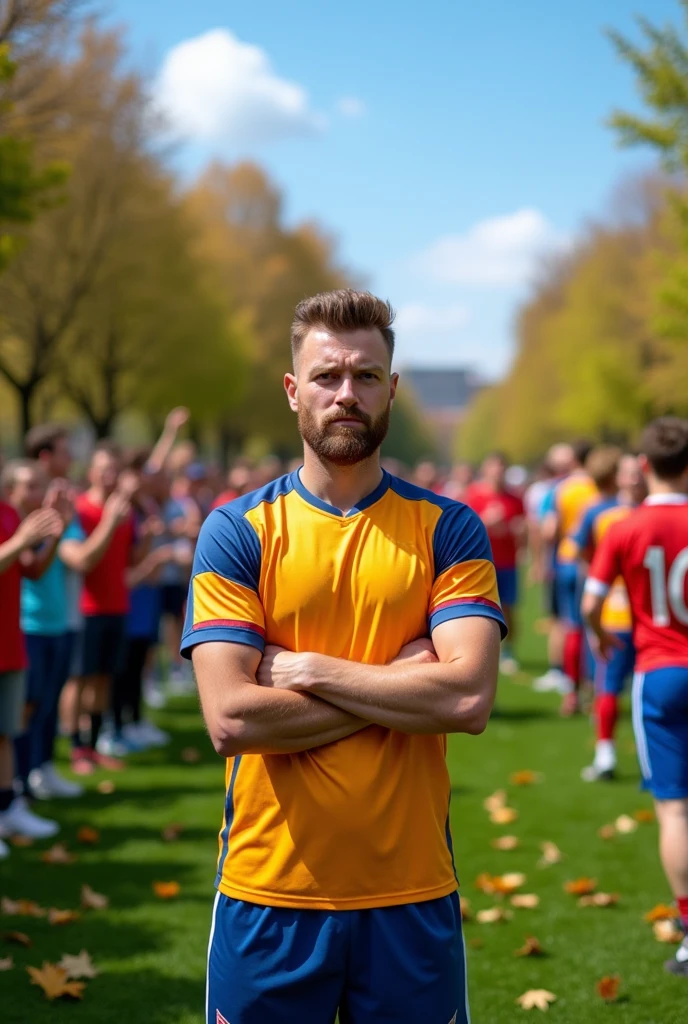 Several people wearing football jerseys ,wringing, and just a guy with a frown on his face and arms crossed in the middle , the others smiling, the guy with the frowning face is wearing normal clothes