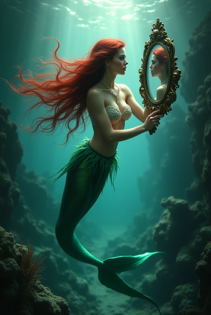 Mermaid blue eyes dark red hair floating with shell bra and green tail looking at mirror underwater gothic aesthetic