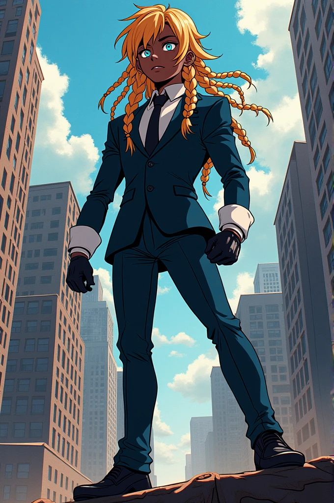 Make me a boku no hero style comic image, He has black skin (Literally) but a lighter black, hair the color of beige orange and he has bangs and wears braids, the braids reach his waist. His eyes are a medium dark blue and a bit colorless, he is wearing a suit with white folded sleeves and is wearing black shoes, and he is wearing black gloves and a mask