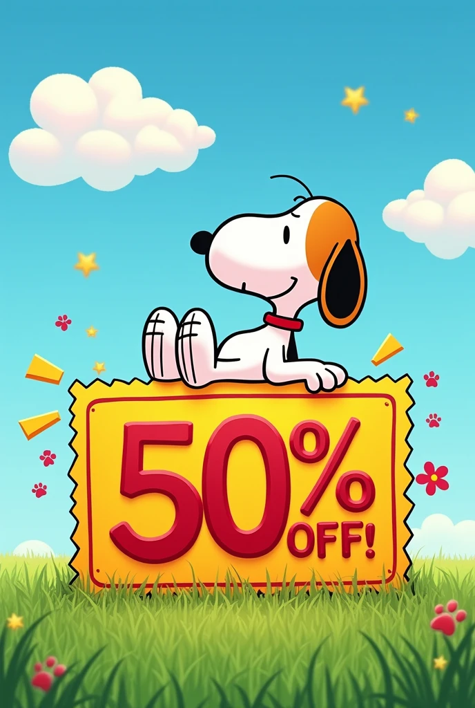 Make a 50 image% discount with the dog Snoopy
