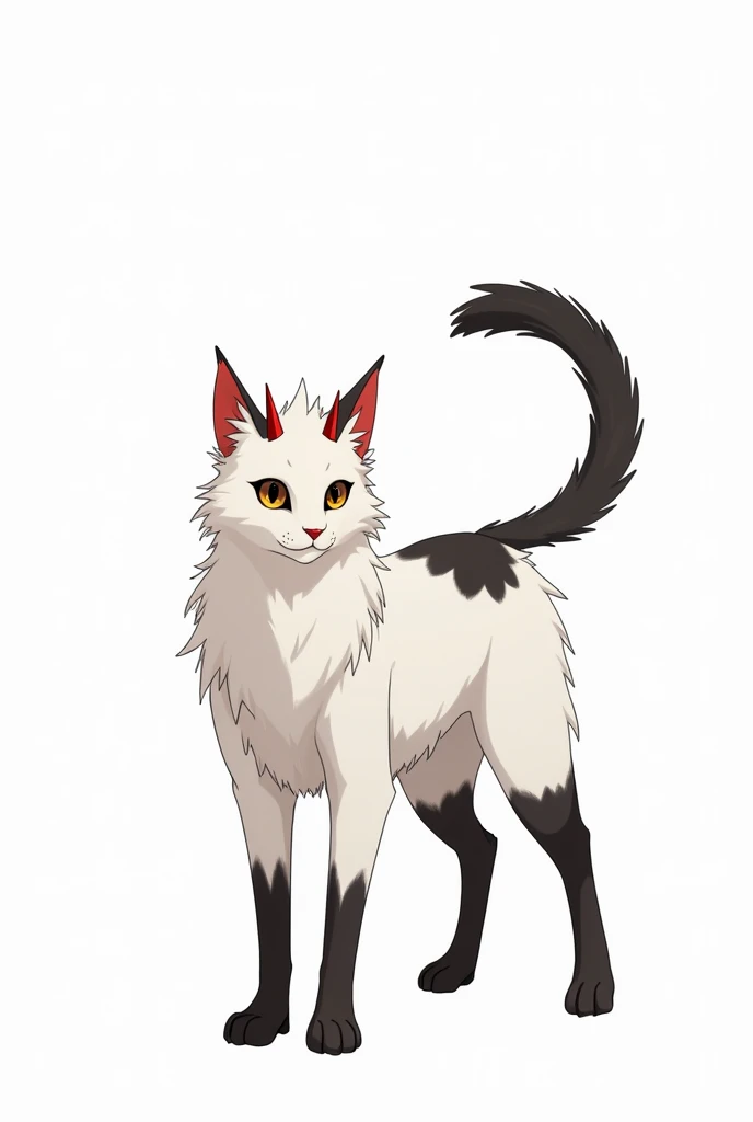 An adult male white furry feline with large black patches, black tail and dark brown eyes. The feline has small red horns on its head. The style should be anime, with a realistic and mature design. The background is white. Base warrior cats oc