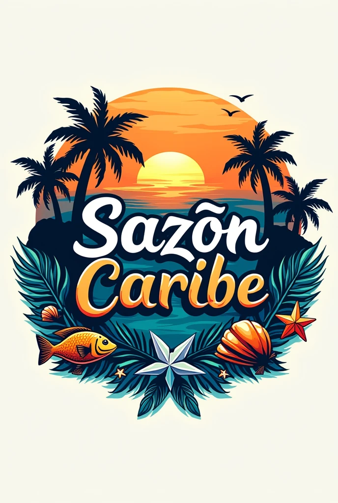 Create a logo design with the name 'sazón caribe' with a marine theme.