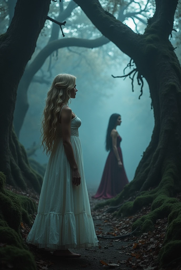 Create a dark and mysterious forest.
In the foreground, there is another girl looking up with blonde hair wearing a long white dress.

In the background, there is a girl with black hair looking to the left, wearing a burgundy dress. she looks mysteriously over her shoulder.