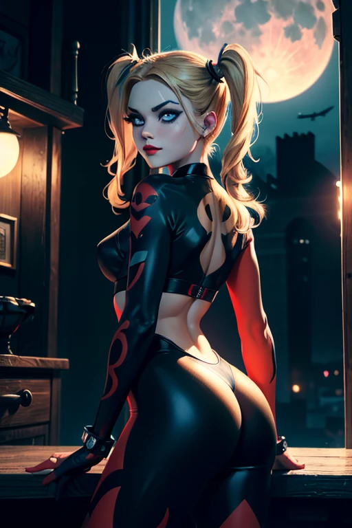 Harley Quinn, skinny girl,small and beautiful buttocks, toned abdomen, small and beautiful breasts, gorgeous blonde hair, classic hairstyle two pigtails, piercing blue eyes, red lips, tight-fitting red black outfit, posing seductively, Arkham asylum background, dark gritty gothic city, night, full moon, best quality, 4k, 8k, highres, masterpiece, ultra-detailed, realistic, photorealistic, photo-realistic, intricate details, dramatic lighting, cinematic composition, moody atmosphere, vibrant colors, neon lights