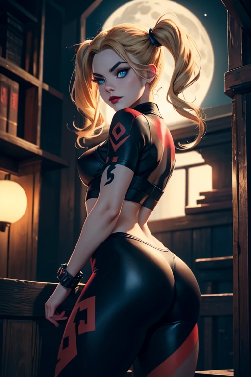 Harley Quinn, skinny girl,small and beautiful buttocks, toned abdomen, small and beautiful breasts, gorgeous blonde hair, classic hairstyle two pigtails, piercing blue eyes, red lips, tight-fitting red black outfit, posing seductively, Arkham asylum background, dark gritty gothic city, night, full moon, best quality, 4k, 8k, highres, masterpiece, ultra-detailed, realistic, photorealistic, photo-realistic, intricate details, dramatic lighting, cinematic composition, moody atmosphere, vibrant colors, neon lights