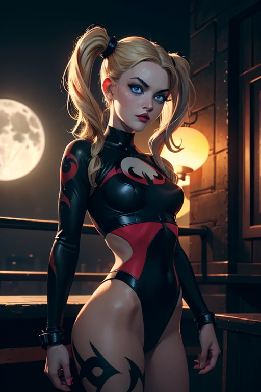 Harley Quinn, skinny girl,small and beautiful buttocks, toned abdomen, small and beautiful breasts, gorgeous blonde hair, classic hairstyle two pigtails, piercing blue eyes, red lips, tight-fitting red black outfit, posing seductively, Arkham asylum background, dark gritty gothic city, night, full moon, best quality, 4k, 8k, highres, masterpiece, ultra-detailed, realistic, photorealistic, photo-realistic, intricate details, dramatic lighting, cinematic composition, moody atmosphere, vibrant colors, neon lights