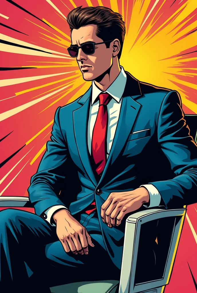 A man in a suit sits on a chair, in the style of 80s comics 