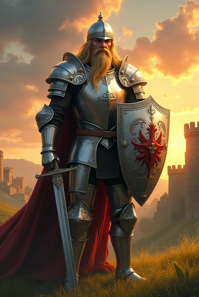 human knight, of silver armor, with sword and shield, with a helmet covering his eyes, with a blond beard and long hair, fortao.