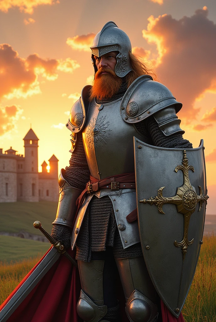 human knight, of silver armor, with sword and shield, with a helmet covering his eyes, with a blond beard and long hair, fortao.