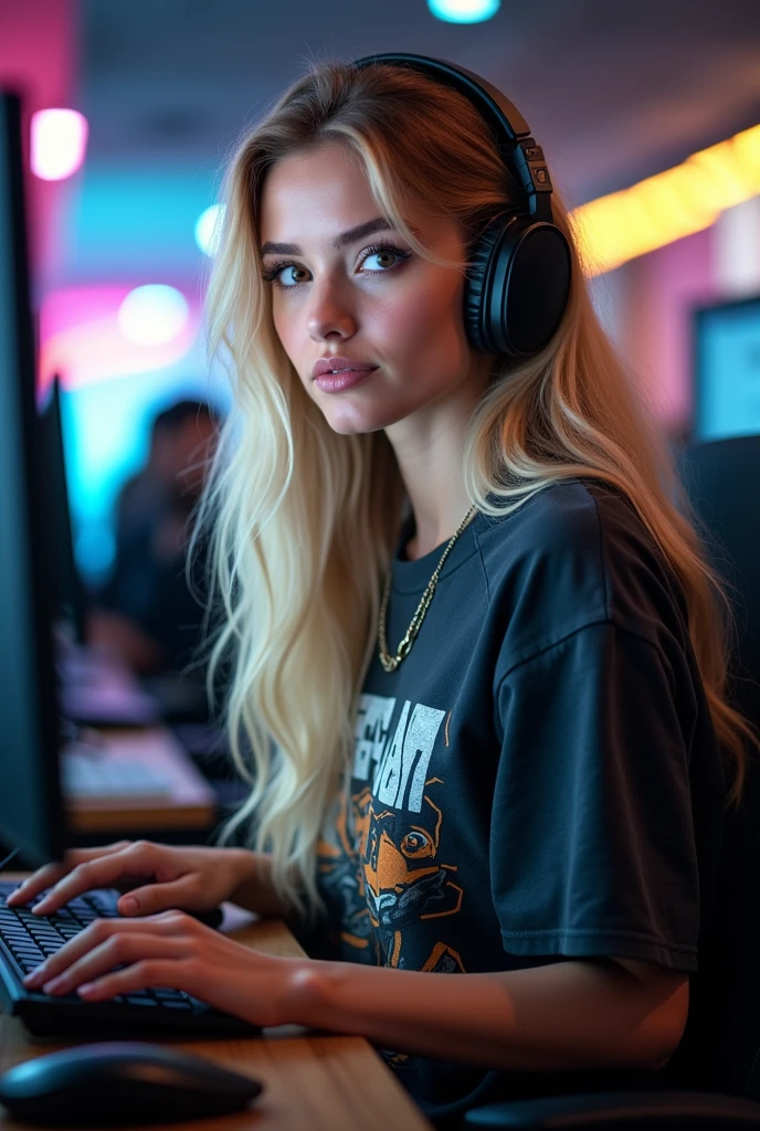 blonde woman in her 20s photographed in the office without noticing, she have a hot hourglass-body with huge tots and bubble butt, (she's not looking at the camera), eyes browns, (blonde long hair), realistic and face detailed, beautfull woman, , face detailed, work of art, MILF style, Beautiful ultra detailed and realistic 8k model, long hair, hourglass-body, athletic body, sexly, photorrealistic. She's dressed like a gamer, Wearing nerdy clothes and a headset