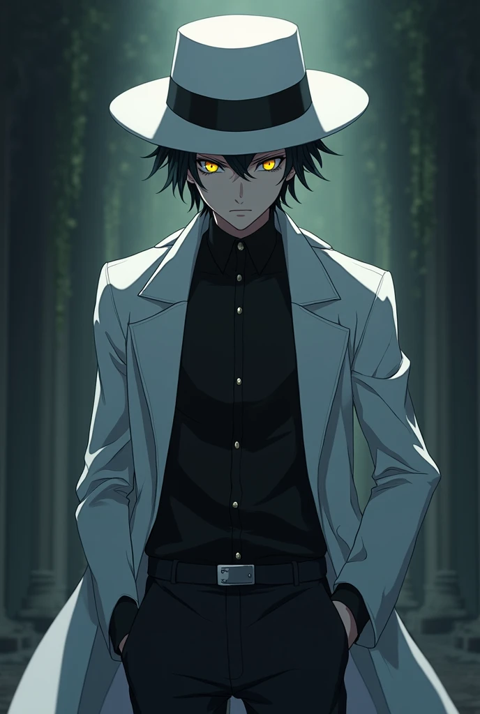 (8k, best quality, masterpiece:1.2), (anime style), RAW photo, best quality, ultra high res, best shadow, (full body:1.4), A guy with yellow eyes, in a black shirt, white hat, and white coat horror, highly detailed facial features, perfect eyes.