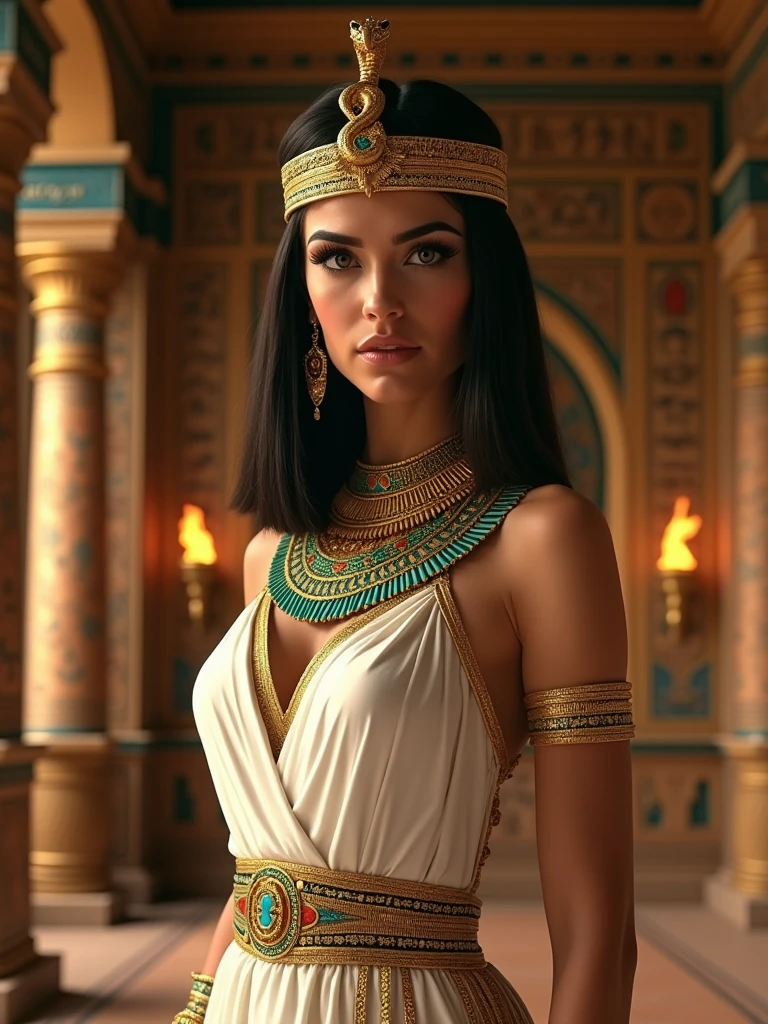 A highly realistic portrait of Cleopatra, the last queen of Egypt, depicted in a regal and elegant setting. She is wearing a gold and turquoise headdress adorned with a cobra, symbolizing her royalty and power. Her dark hair is styled in a sleek, shoulder-length bob, and she has striking, kohl-lined eyes with a confident gaze. Cleopatra is dressed in a luxurious white linen gown with intricate gold jewelry, including bracelets, necklaces, and earrings. The background shows an opulent throne room with ornate Egyptian columns, hieroglyphics, and rich tapestries, with the warm glow of torches lighting the scene