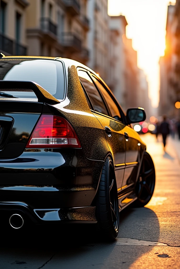  Create a realistic 2005 Honda Civic. With duck tail, Lateral and frontal lips. Full view with a cross tire. The car is black with gold glitter. 
