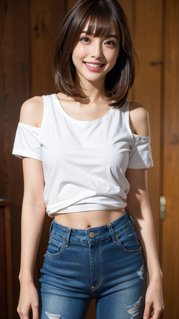 highest quality, masterpiece, ultra high resolution, (realistic:1.4), 20-year-old,1 girl,super high quality,8k,Thin waist,Thin legs,thin and beautiful arms,beautiful fingers,((Super realistic image quality)),sale eye makeup,thin,Medium chest,soft chest,(((Fabric thin short tight perforatedＴShirt and distressed jeans only))),The shirt is short、 ,,beautiful breasts,((straight hair to shoulders)),((Bangs short hair)),realistic,picture media chest)),((toothy smile)),((big smile))