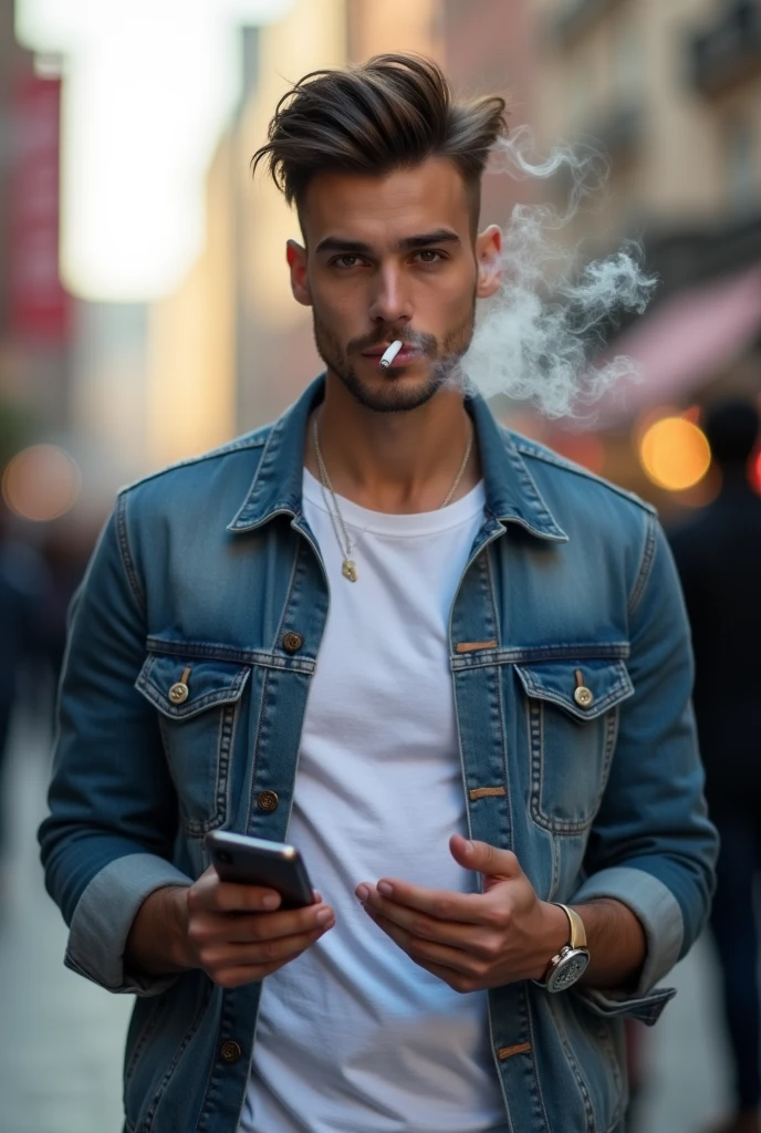 white male, age 26, with straight, brown hair in a quiff, casual clothing and holding a cell phone, com olhos escuros, smoking a cigarette