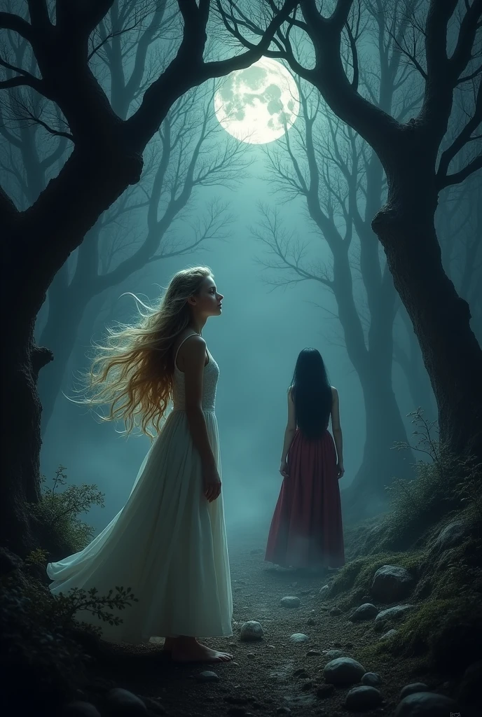 Create a dark and mysterious forest.
In the foreground, There is another girl looking up with blonde hair wearing a long white dress in the background., there is a girl with black hair looking to the left, wearing a burgundy dress. she looks mysteriously over her shoulder.