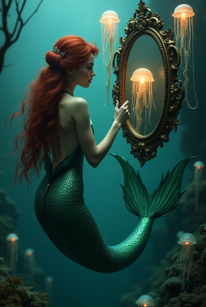 Mermaid blue eyes dark red hair floating with shell bra and green tail looking at mirror underwater gothic aesthetic seen from the back