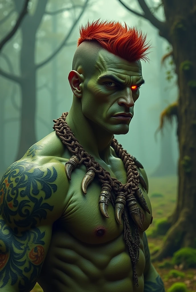 Create a short-haired red-haired male half-orc with a necklace of teeth around his neck and a tribal tattoo on his left arm and one blind eye