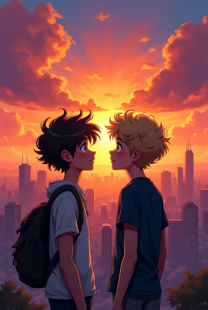 Two teenage boys , a sunset like a type of city landscape painted with a brush
