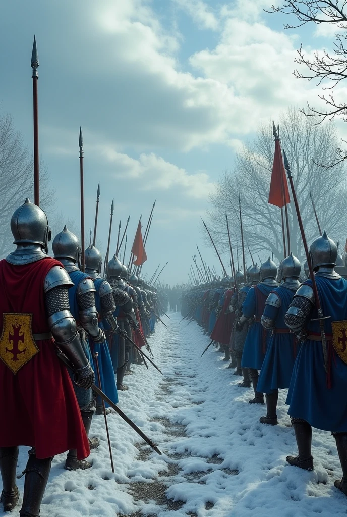 image about the Burgundian War of the 15th century, that it looks realistic and cold, that both sides identify themselves and the armies are seen

