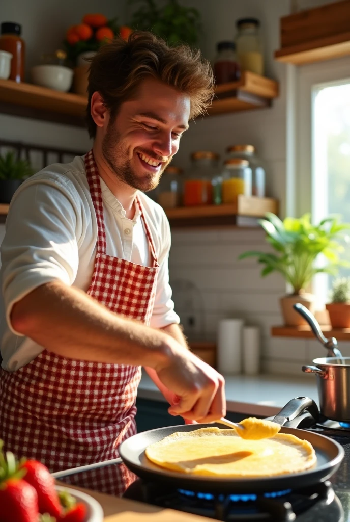 Draw a young, white or stout man making a crepe.