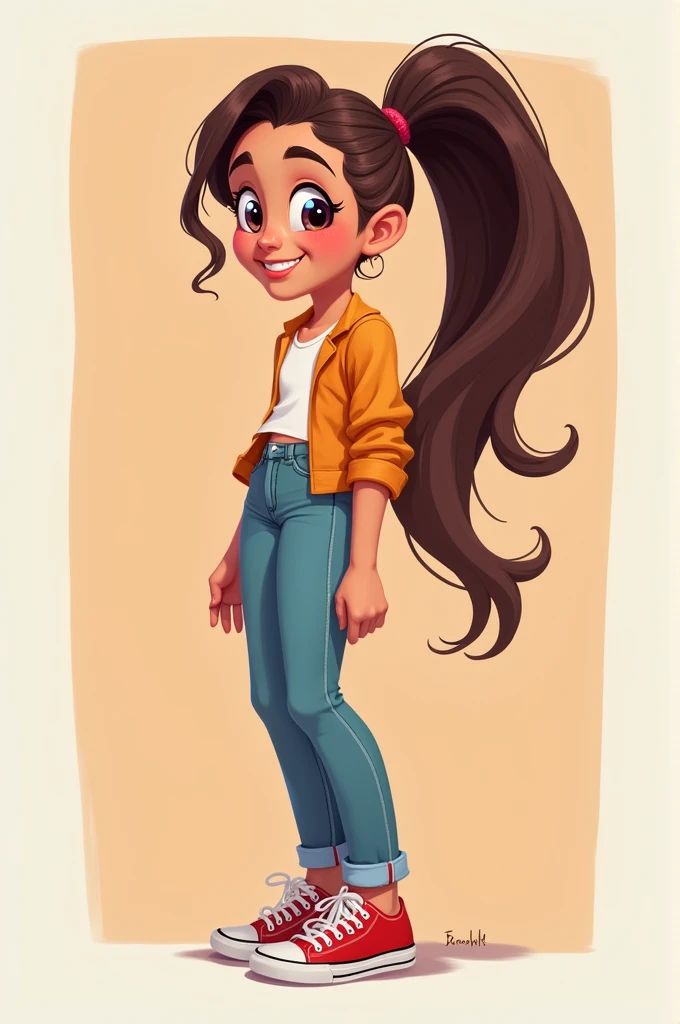 Create a 2D character from the front and side view, with a ponytail