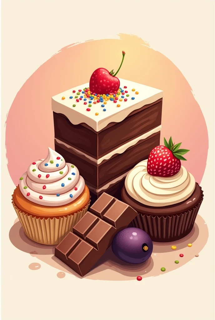 A logo for a bakery with different desserts in the middle, there is a slice of cake, a cupcake, a chocolate bar, and a copoazu.