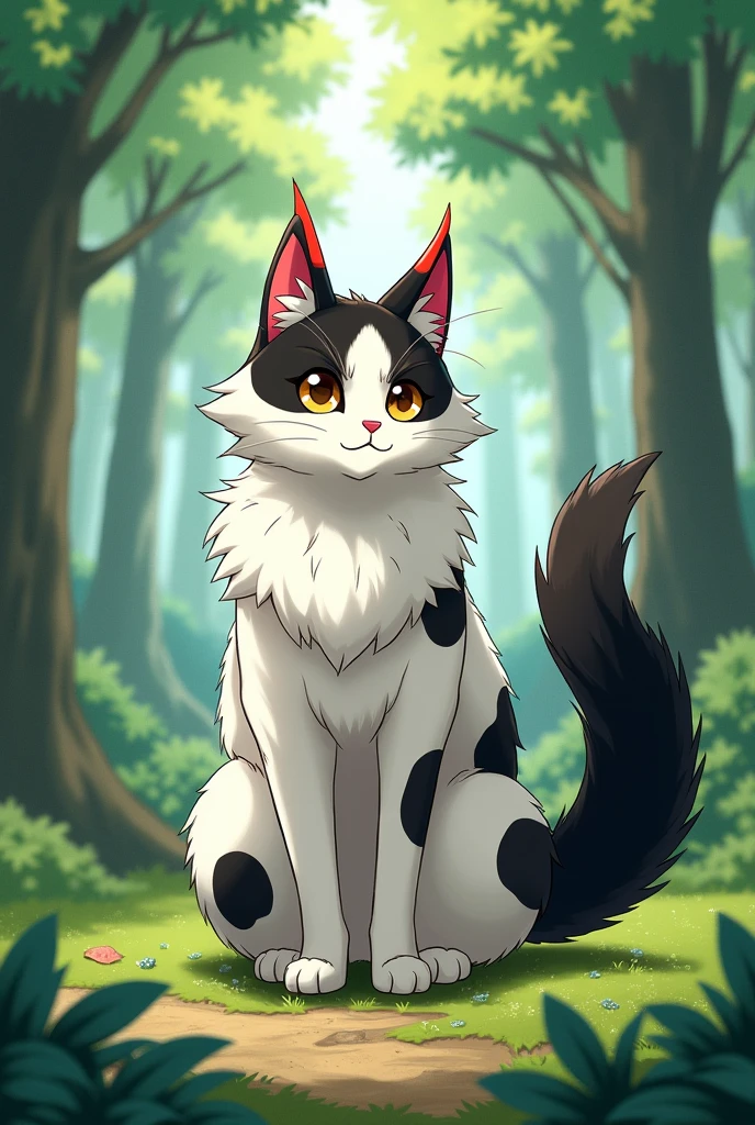 An adult male white fluffy cat with large black patches, black tail and dark brown eyes. The feline has small red horns on its head. The style should be anime, with a realistic and mature design. The background is forest. Base warrior cats oc