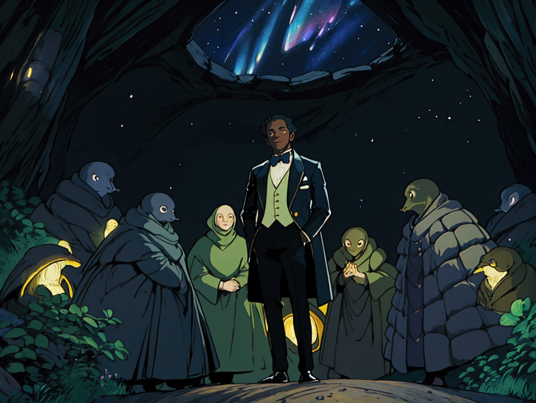 dark black man, 30, short hair, brown eyes, wearing gucci, full body, day, old money, the setting is A cavern lit by thousands of glow worms, creating a starry-night illusion.