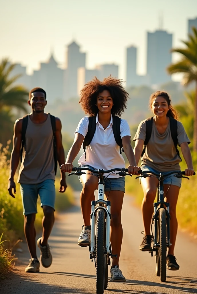 Create an image of a skinny young man with light black skin next to two young women, one a 20-year-old graduate nurse.,she is a dark-skinned girl with curly hair ,cycling towards Maputo