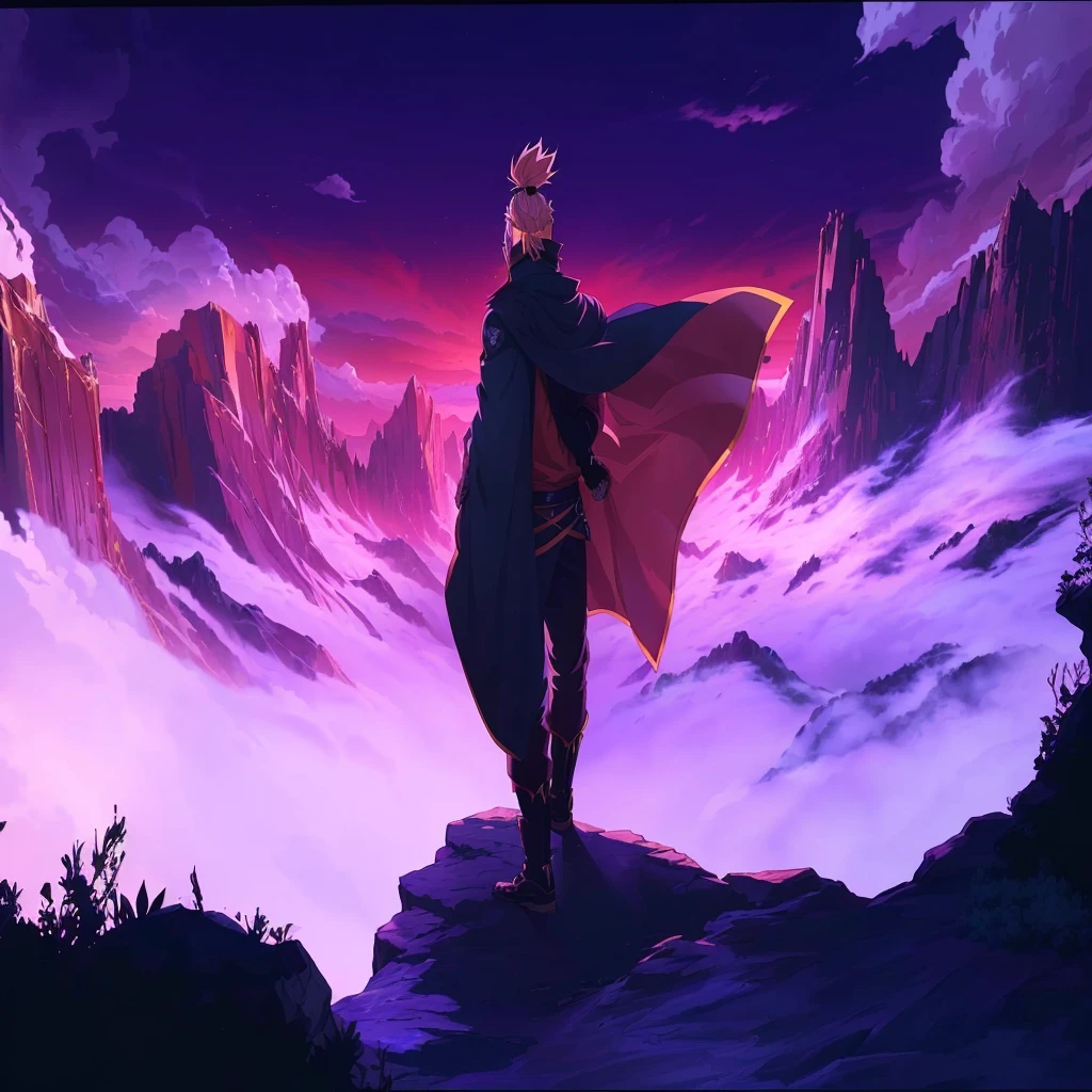 anime style illustration of a man standing on a mountain with a cape, Naruto art style, 坏蛋动漫8 K, handsome guy in demon slayer art, inspirado em Cirilo Rolando, trigger anime art style, high quality fanart, by Shingei, epic anime style, joker as naruto, High Resolution Commission, official fanart, 4k manga wallpaper