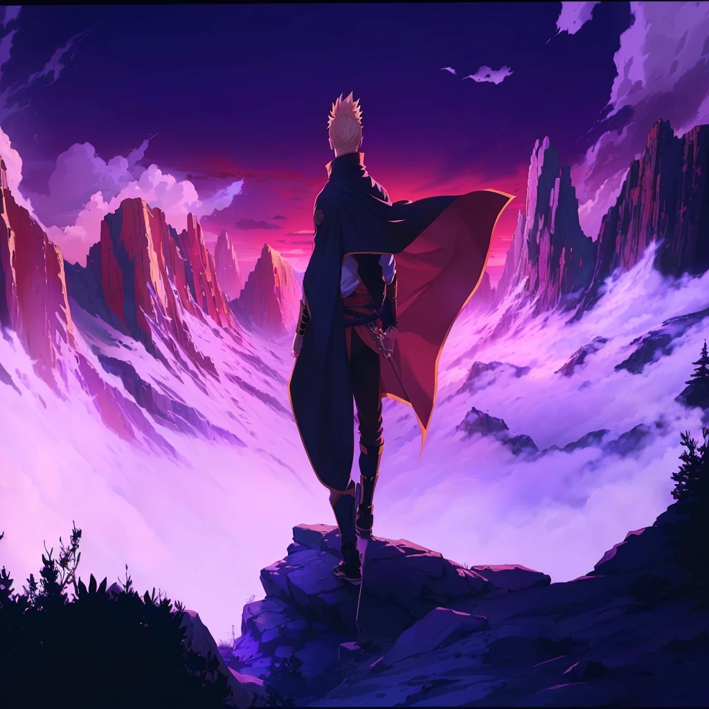 anime style illustration of a man standing on a mountain with a cape, Naruto art style, 坏蛋动漫8 K, handsome guy in demon slayer art, inspirado em Cirilo Rolando, trigger anime art style, high quality fanart, by Shingei, epic anime style, joker as naruto, High Resolution Commission, official fanart, 4k manga wallpaper