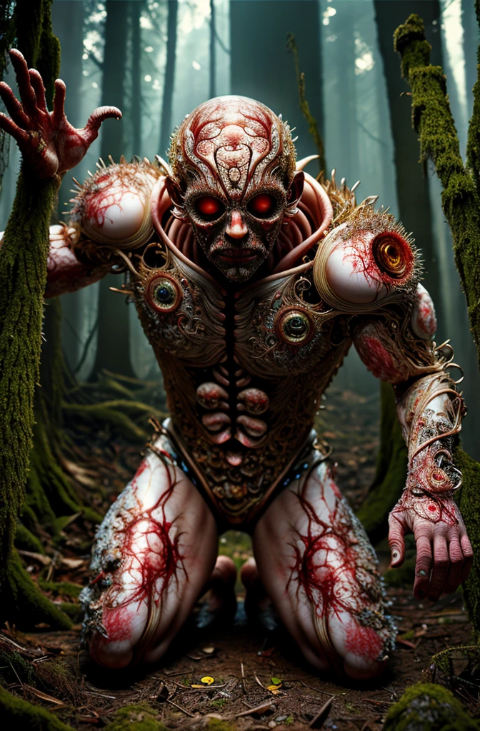 ((best qualityer)), ((work of art)), (highy detailed), disgusting person of body horror, brain explosion in a nuclear blast, brain is gray, male eyes sparkle, Guts on the ground, Blood is everywhere, at the forest, full body shot shot, beautifully intricately detailed, DOF, realistic light, realistic shadow,